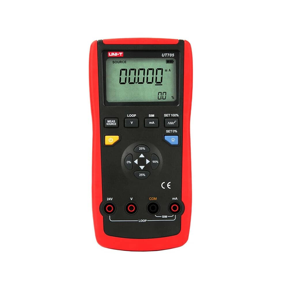Uni-T UT705 current loop calibrator showing the digital display and tactile keypad on a red and grey handheld device